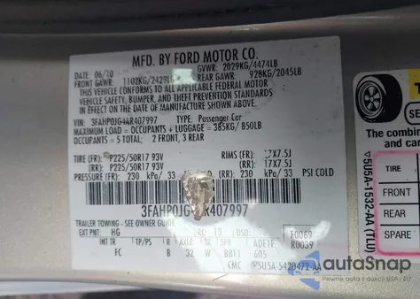 2010 Ford Fusion Sel z USA, uszkodzony, nr VIN 3FAHP0JG4AR407997